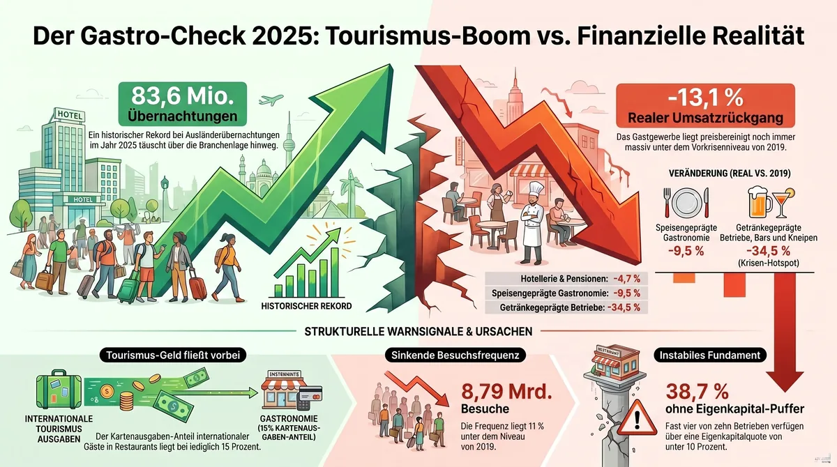 Tourismus-Boom 2025 vs. realer Umsatzrückgang im deutschen Gastgewerbe: 83,6 Mio. Übernachtungen bei -13,1 Prozent Gastgewerbe-Umsatz