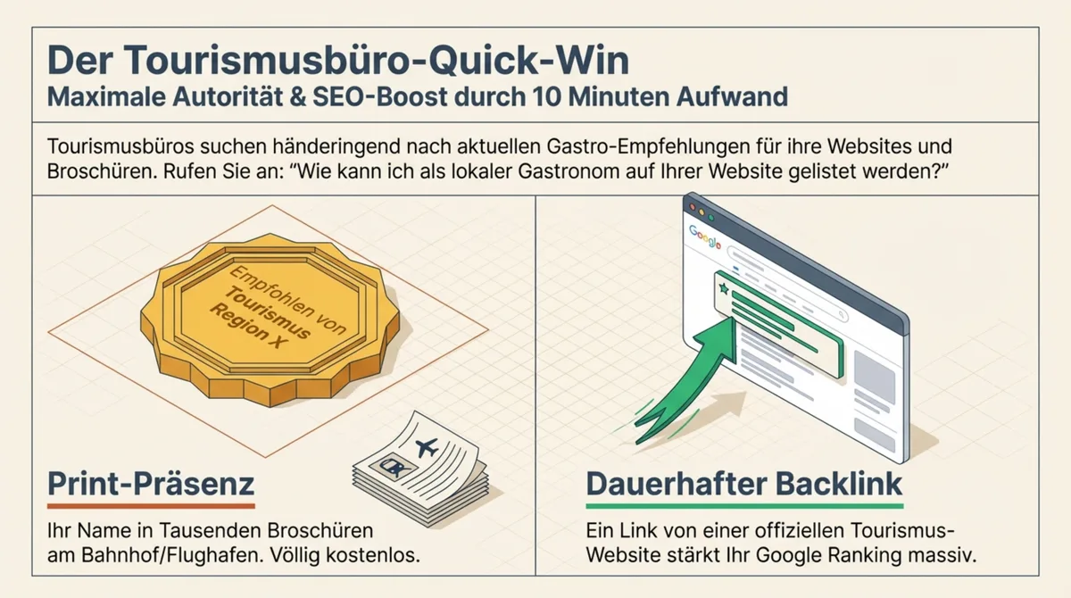 Tourismusbüro Restaurant-Empfehlung: Kostenloser SEO-Backlink und Print-Präsenz in offiziellen Broschüren