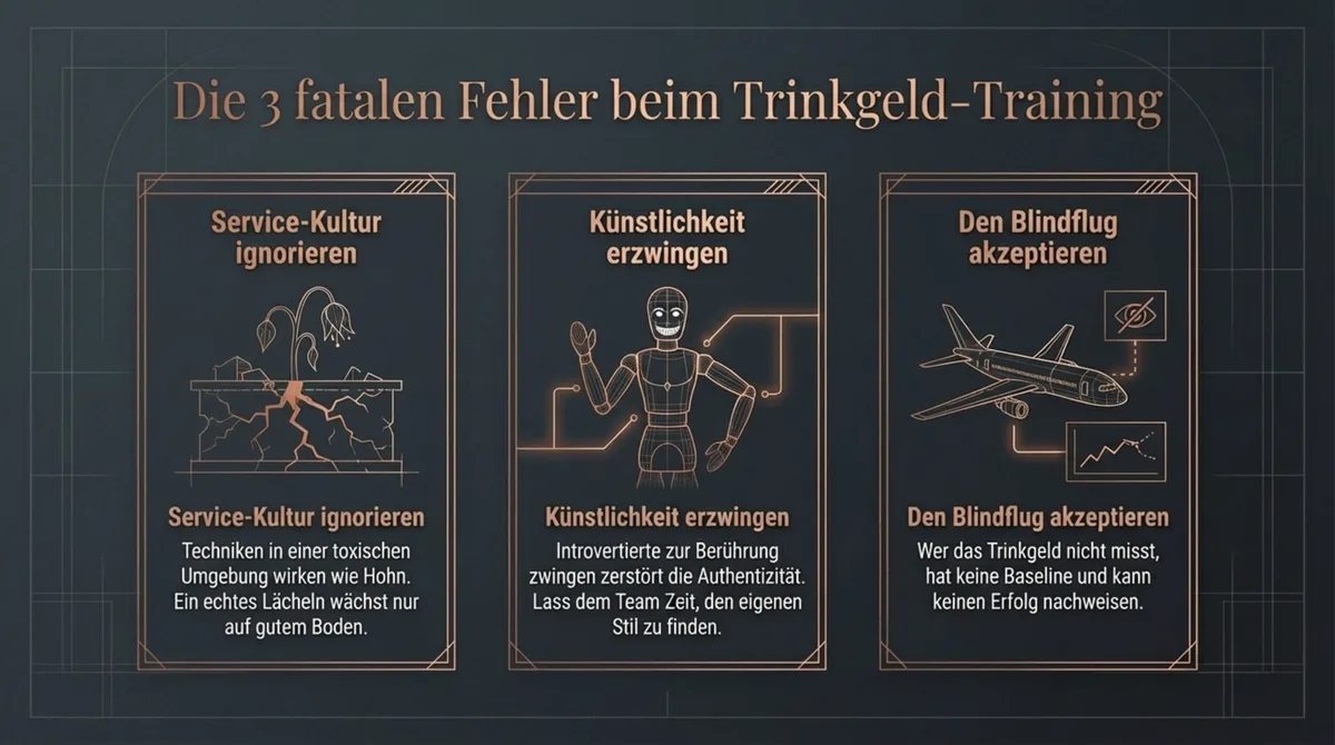 Trinkgeld Training Fehler Restaurant: Service-Kultur ignorieren, Techniken erzwingen statt authentisch einbauen, nicht messen – die 3 fatalen Implementierungsfehler