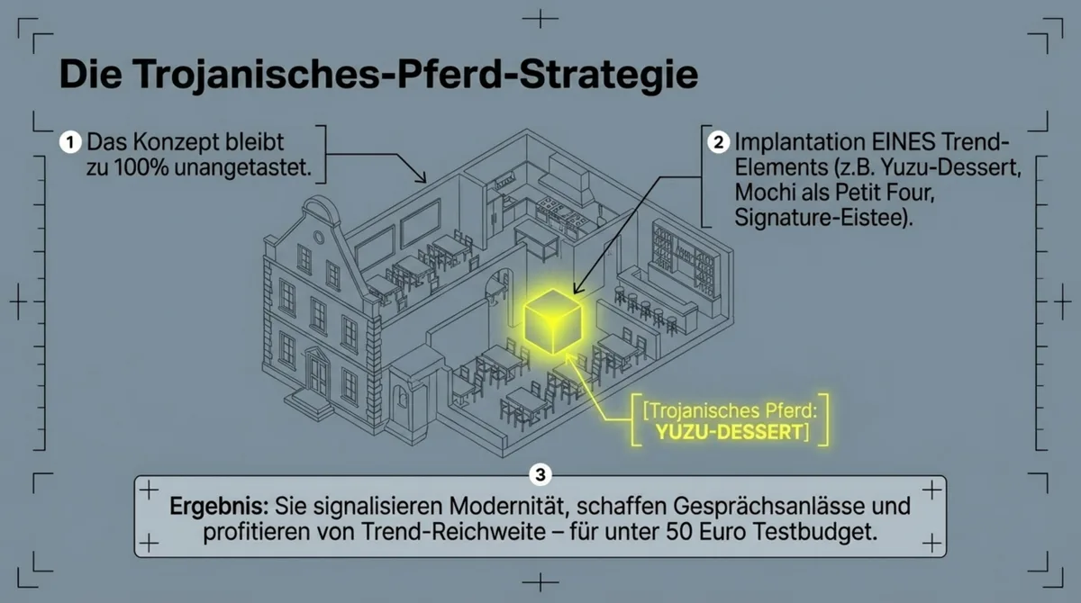Die Trojanisches-Pferd-Strategie: Ein einzelnes Trend-Element (Yuzu-Dessert, Mochi, Matcha-Latte) in bestehendes Restaurant-Konzept integrieren – für unter 50 Euro Testbudget