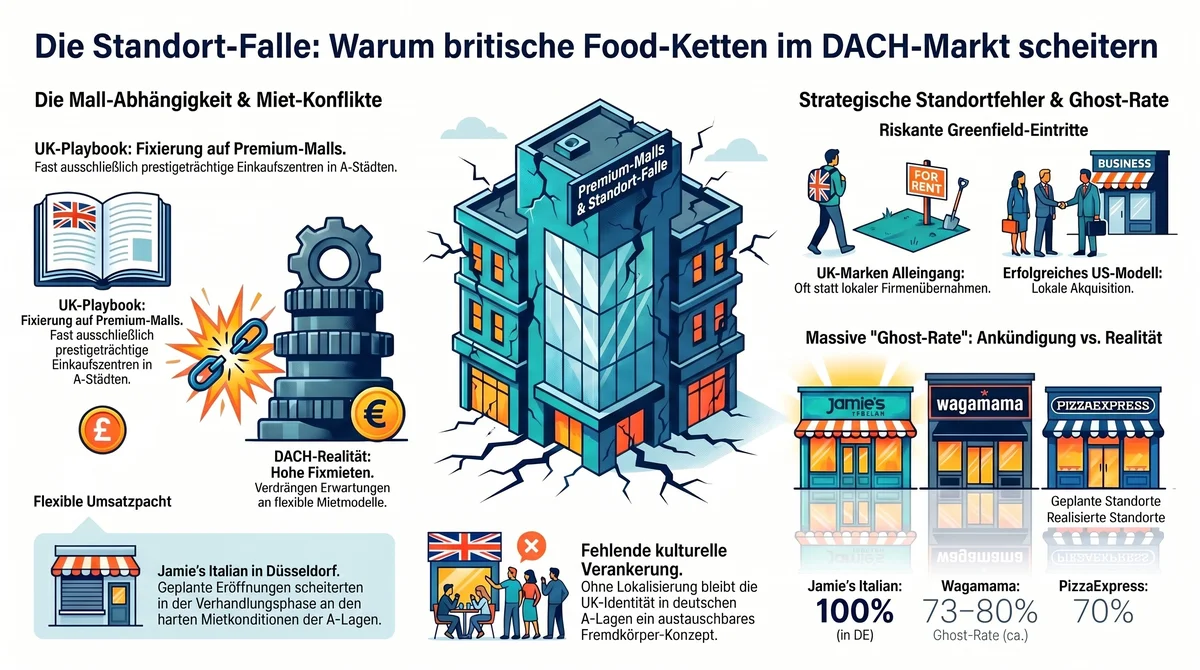 Infografik: Die Standort-Falle – Mall-Abhängigkeit, Ghost-Rate und fehlende kulturelle Verankerung britischer Food-Ketten im DACH-Markt