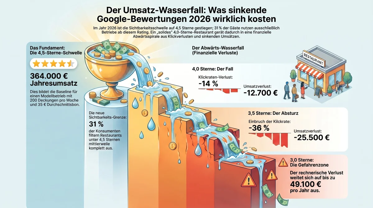 Der Umsatz-Wasserfall: Was sinkende Google-Bewertungen ein Restaurant 2026 kosten – bis 49.100 € Jahresverlust