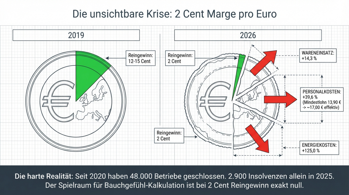 Die unsichtbare Krise: 2019 noch 12-15 Cent Reingewinn pro Euro, 2026 nur noch 2 Cent bei plus 39,6 Prozent Personalkosten und plus 125 Prozent Energiekosten