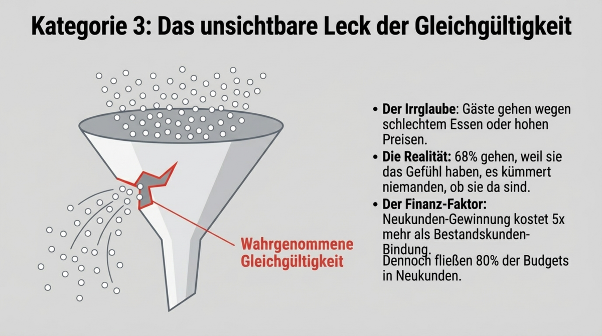 Das unsichtbare Leck: 68 Prozent der Gäste gehen wegen wahrgenommener Gleichgültigkeit, Neukundengewinnung kostet 5x mehr als Bestandskunden-Bindung