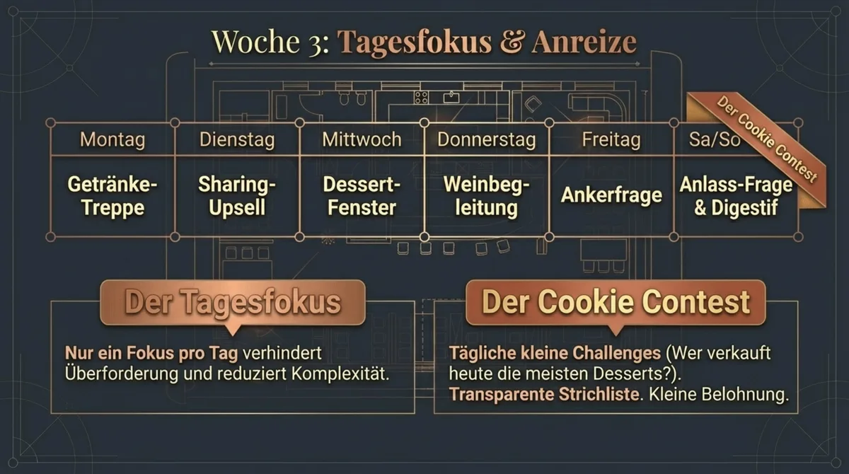 Woche 3 im Upselling-System: Tagesfokus-Plan und Cookie Contest als Anreize für das Restaurant-Team
