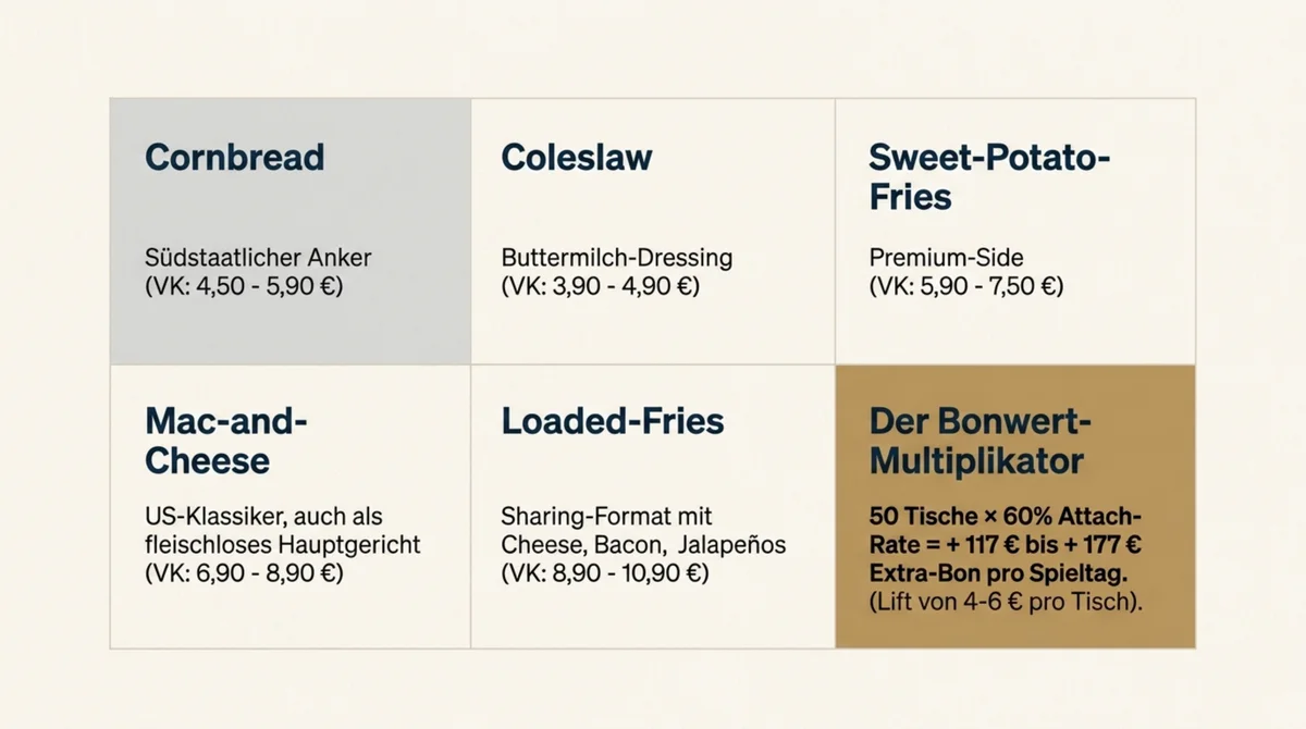 US-Style-Restaurant Sides WM 2026 – Cornbread Coleslaw Sweet-Potato-Fries Mac-and-Cheese Loaded-Fries mit Pricing