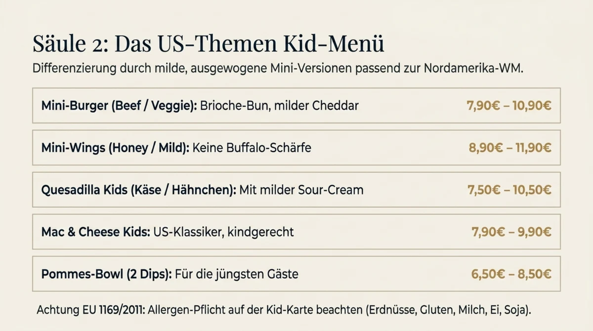 US-Themen-Kindermenü für WM 2026 – fünf mild gewürzte Mini-Gerichte von Mini-Burger bis Mac-and-Cheese mit Preisband 6,50 bis 11,90 Euro
