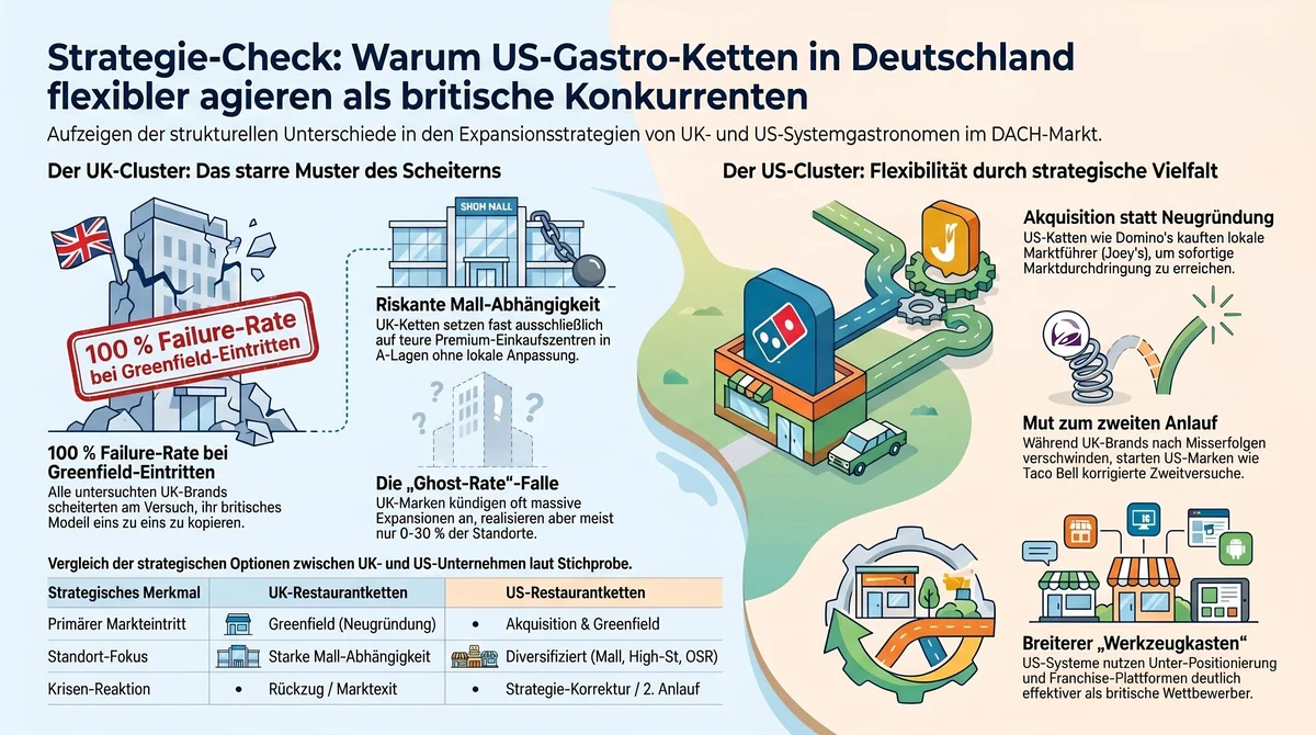 Infografik: Strategie-Vergleich US- vs. UK-Gastroketten im DACH-Markt – Akquisition, zweiter Anlauf und Unter-Positionierung als US-Vorteil