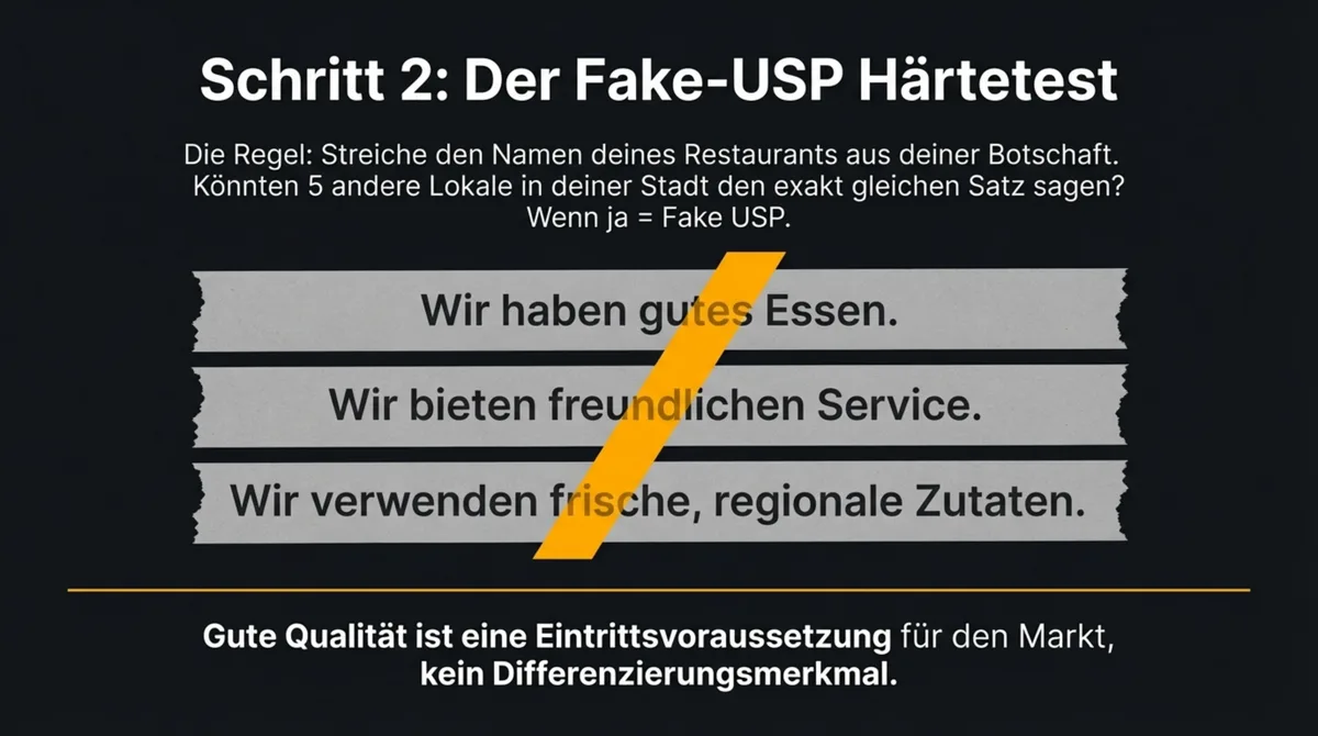 Schritt 2: Der Fake-USP Härtetest für Restaurants – echte Alleinstellungsmerkmale vs. leere Versprechen wie frische Zutaten und netter Service