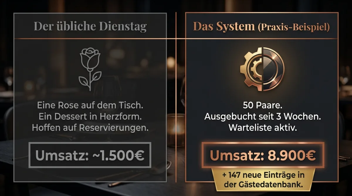 Valentinstag im Restaurant: Normalbetrieb mit Kerze vs. systematischer Valentinstag mit 8.900 Euro Umsatz