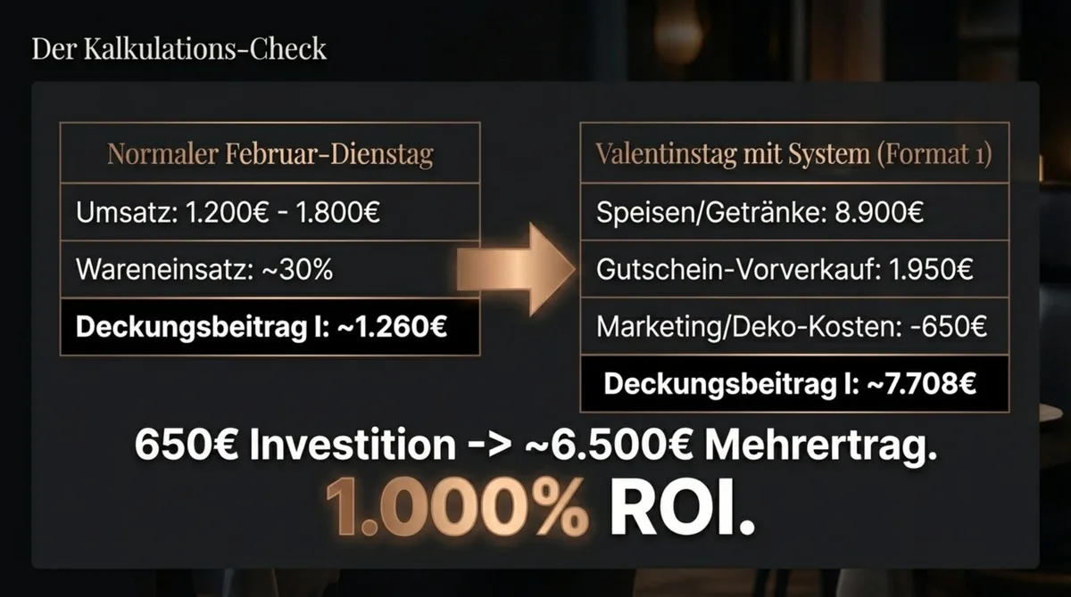 Valentinstag Kalkulation: 650 Euro Investition ergibt 6.500 Euro Mehrertrag – 1.000 Prozent ROI im Vergleich zum normalen Dienstag