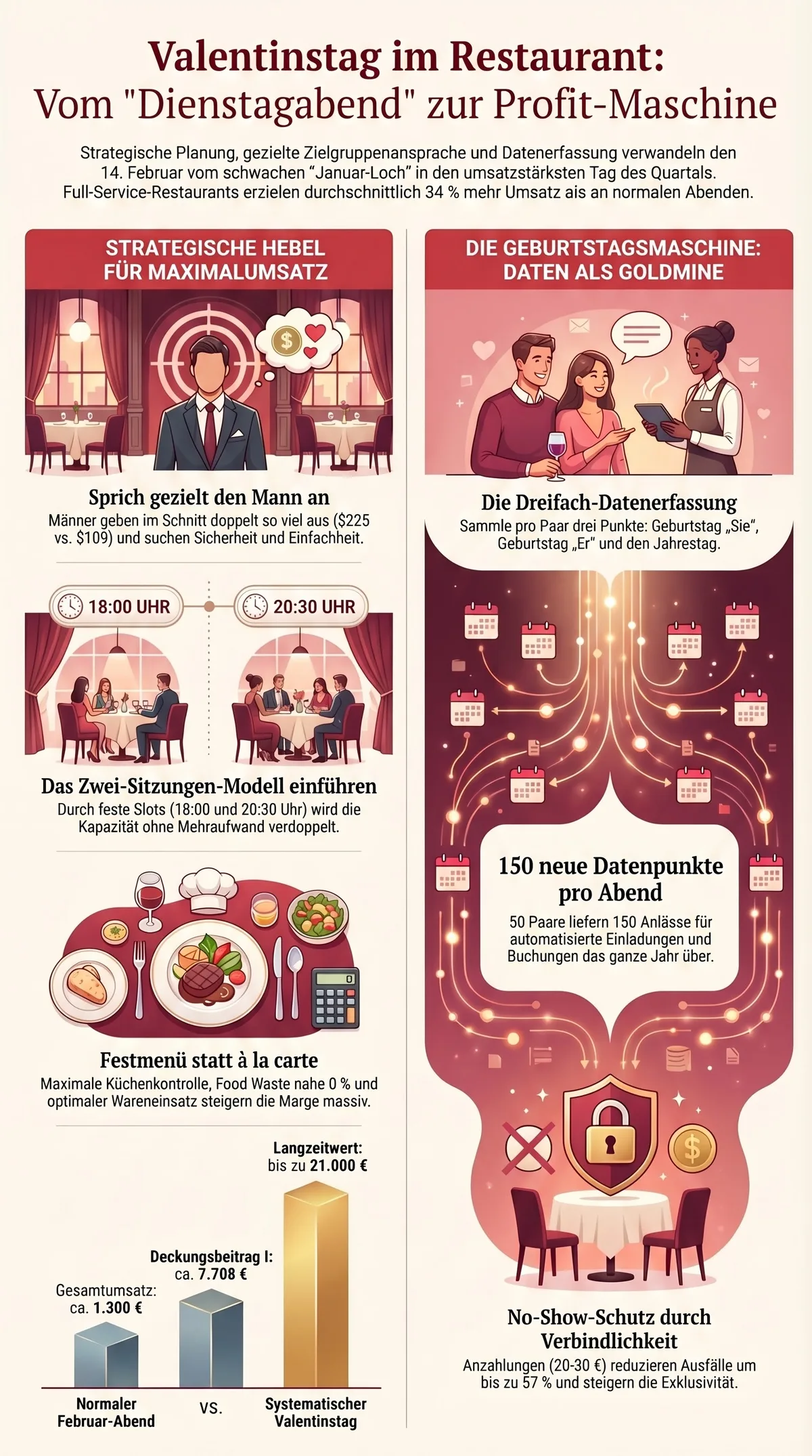 Infografik Valentinstag Profit-System: Strategische Hebel, Zwei-Sitzungen-Modell, Festmenü und Dreifach-Datenerfassung für maximalen Restaurant-Umsatz