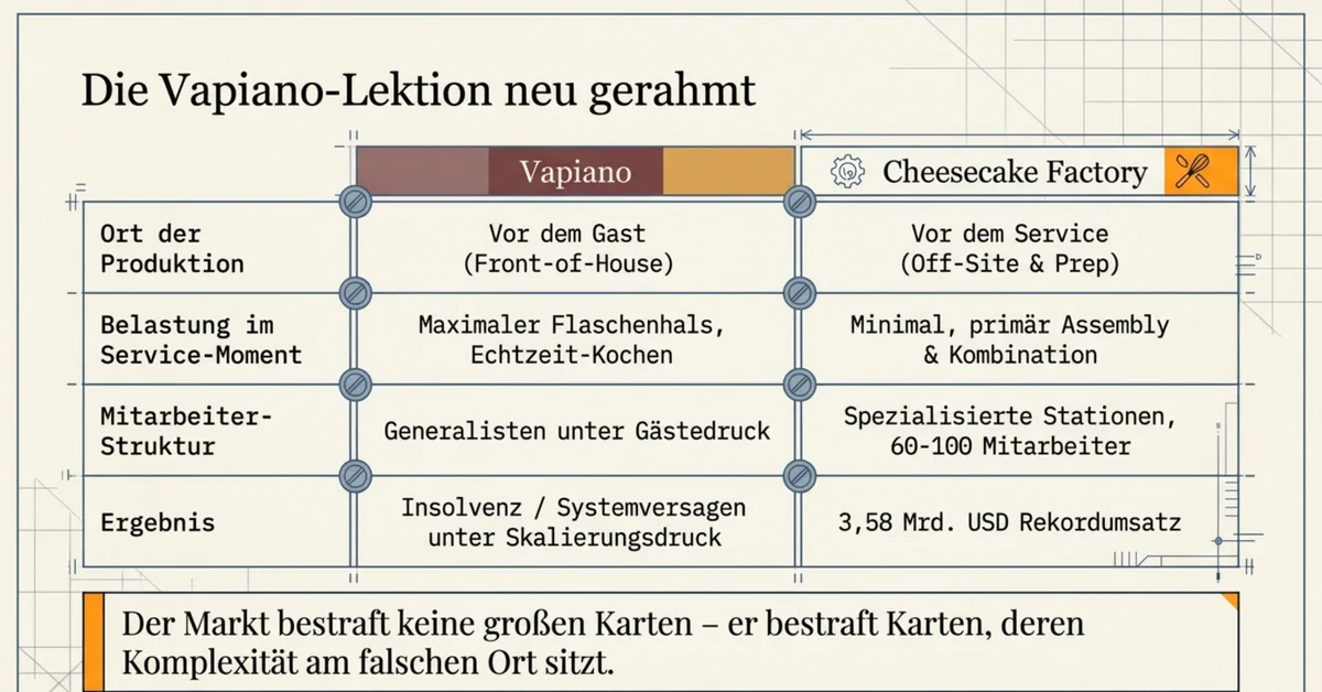 Vapiano vs. Cheesecake Factory im direkten Vergleich: Ort der Produktion, Belastung, Mitarbeiterstruktur und Ergebnis