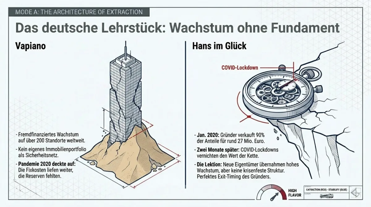 Vapiano und Hans im Glück als deutsche Lehrstücke: fremdfinanziertes Wachstum, Pandemie-Insolvenz, perfektes Exit-Timing