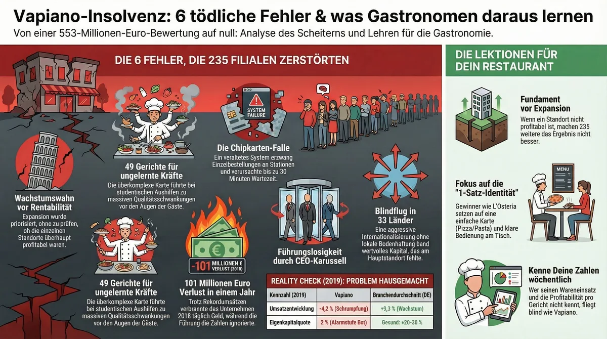 Vapiano Insolvenz Infografik: 6 tödliche Fehler und Lektionen für Gastronomen – Wachstumswahn Chipkarte Führungslosigkeit
