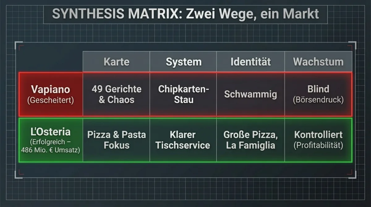 Vapiano vs L Osteria Synthesis Matrix Vergleich: Karte System Identität Wachstum – Gescheitert vs 486 Millionen Euro Umsatz
