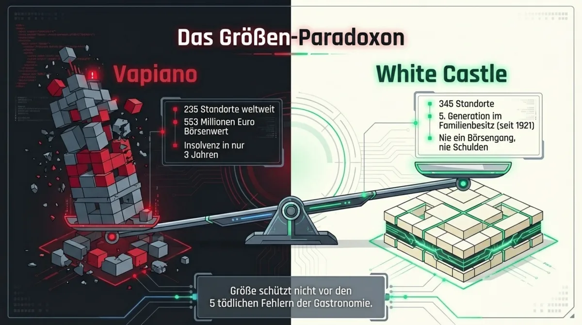 Das Größen-Paradoxon: Vapiano mit 235 Standorten scheiterte, White Castle überlebt seit 1921 mit weniger Filialen – Größe schützt nicht vor Insolvenz, Klarheit schon