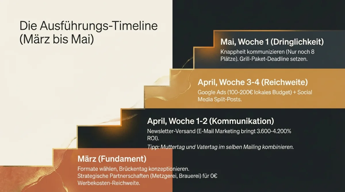 Vatertag Restaurant Marketing Ausführungs-Timeline März bis Mai – Fahrplan mit Fundament März, Kommunikation April, Dringlichkeit Mai