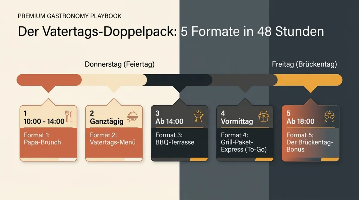 Vatertag Restaurant 5 Formate Übersicht – Papa-Brunch, Vatertags-Menü, BBQ-Terrasse, Grill-Paket-Express und Brückentag-Bonus in 48 Stunden