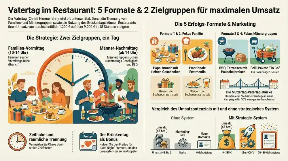 Vatertag Restaurant Marketing System Infografik – 5 Formate und 2 Zielgruppen für maximalen Umsatz an Christi Himmelfahrt komplett erklärt