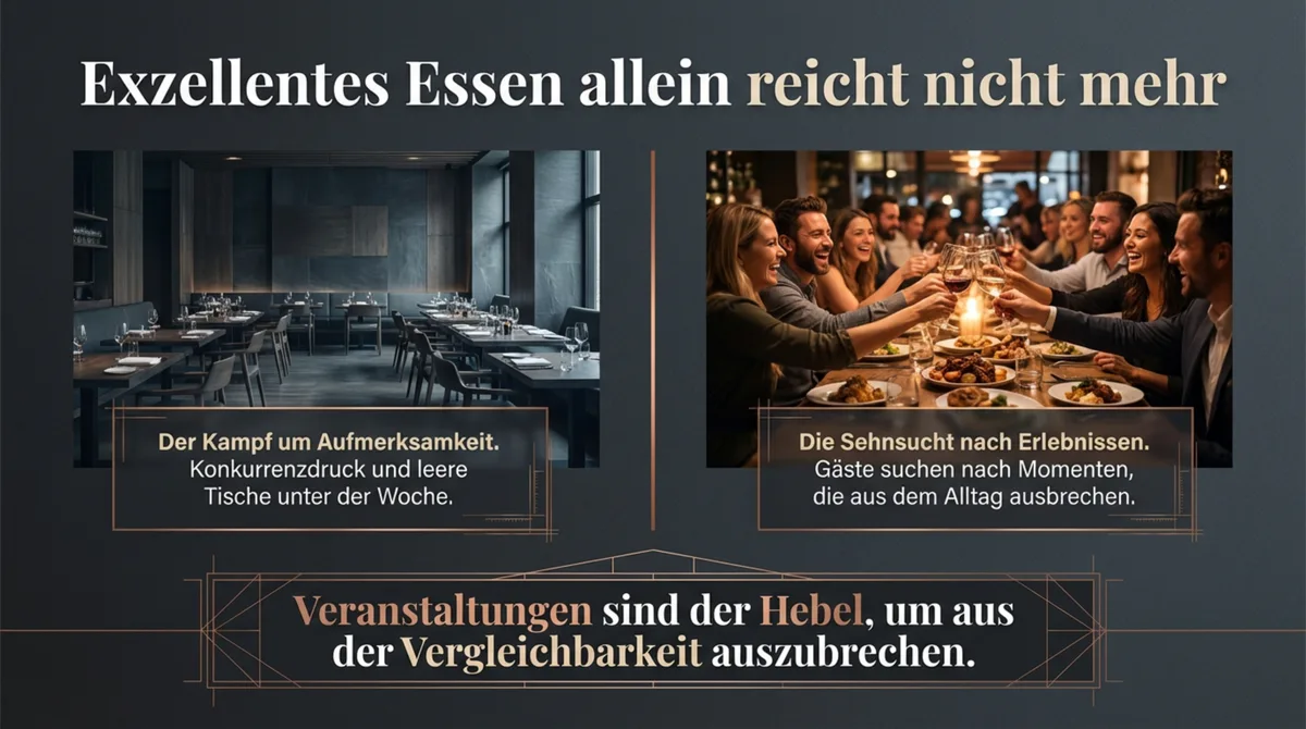 Leere Tische unter der Woche versus lebhafte Gästerunde beim Restaurant-Event – Veranstaltungen als Wettbewerbsvorteil