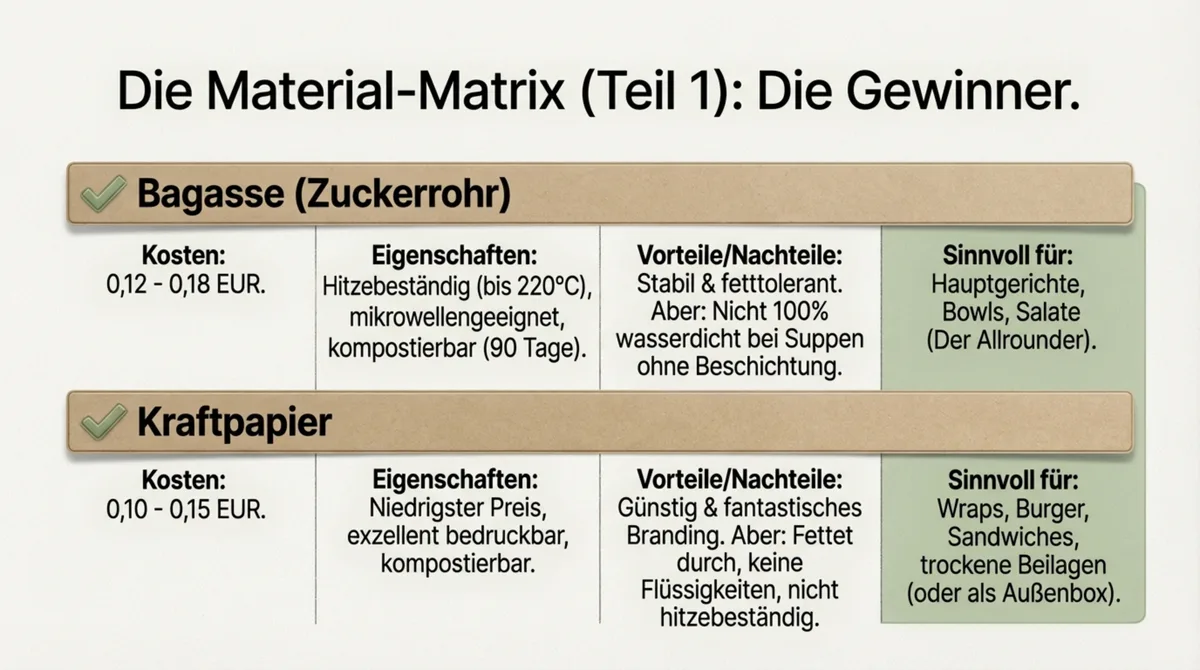 Materialvergleich Bagasse und Kraftpapier für nachhaltige Verpackungen im Restaurant: Kosten, Eigenschaften und Einsatzgebiete
