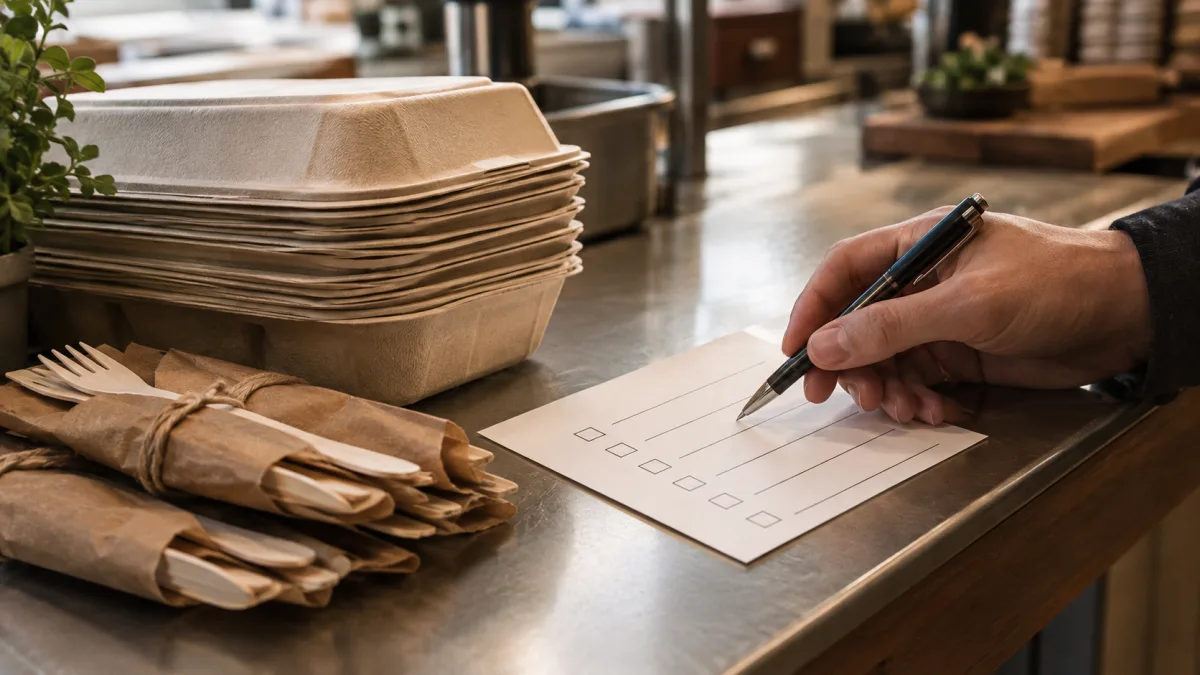 Gastronom prüft am Tresen eine Checkliste neben einem Stapel Einwegschalen und Besteck