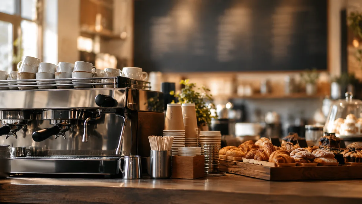 Café-Tresen mit Siebträger, To-go-Bechern und Gebäck, dahinter unscharf die Preistafel