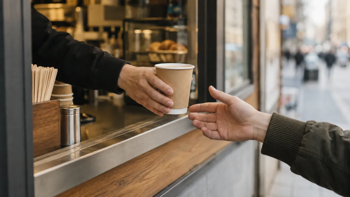 Kaffee im Einwegbecher wird durch das Fenster eines Innenstadt-Imbisses gereicht