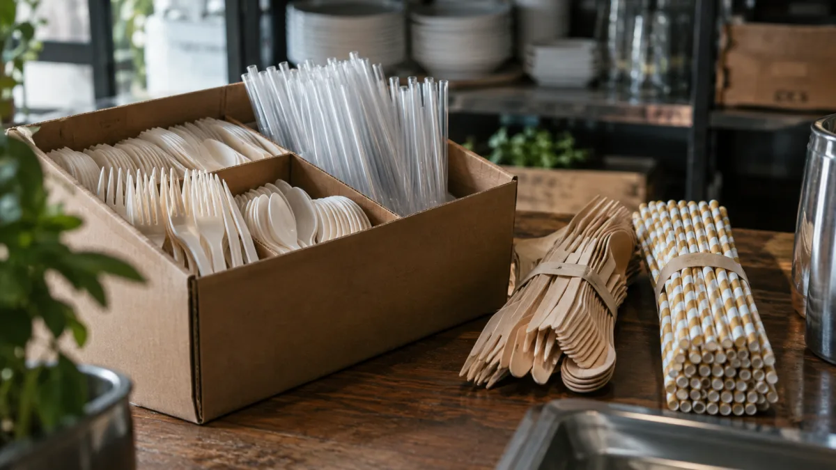 Aussortiertes Plastikbesteck und Plastiktrinkhalme in einem Karton neben Holzbesteck und Papierhalmen