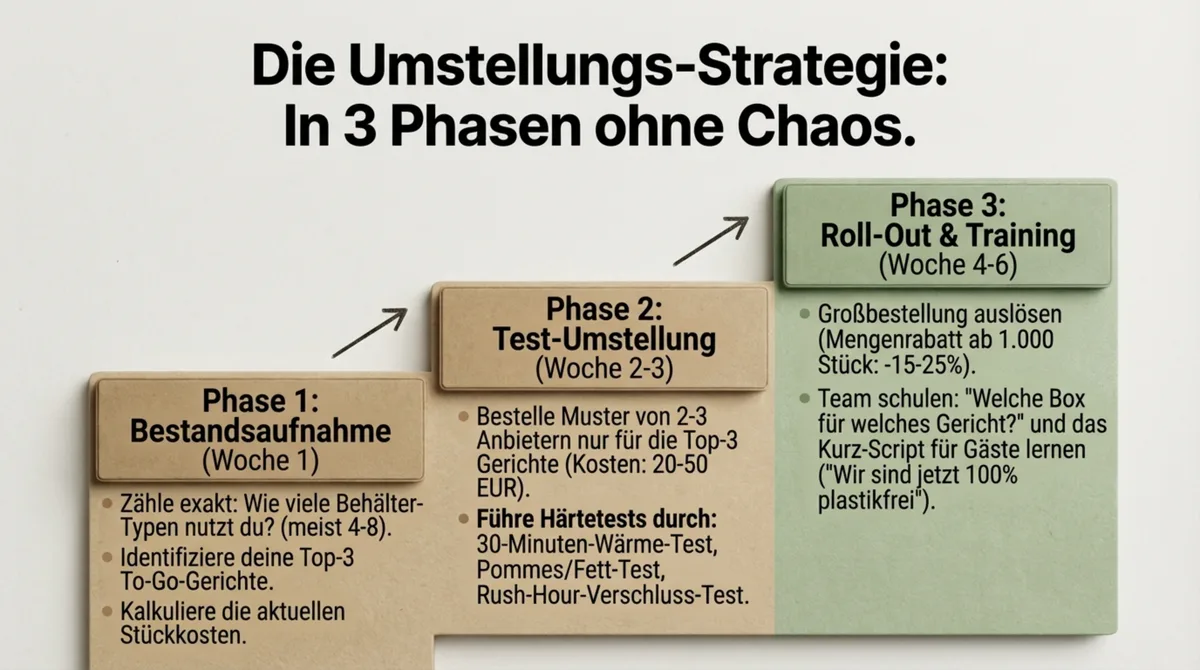 Verpackungsumstellung Restaurant in 3 Phasen: Bestandsaufnahme Woche 1, Test-Umstellung Woche 2-3, Roll-Out Woche 4-6