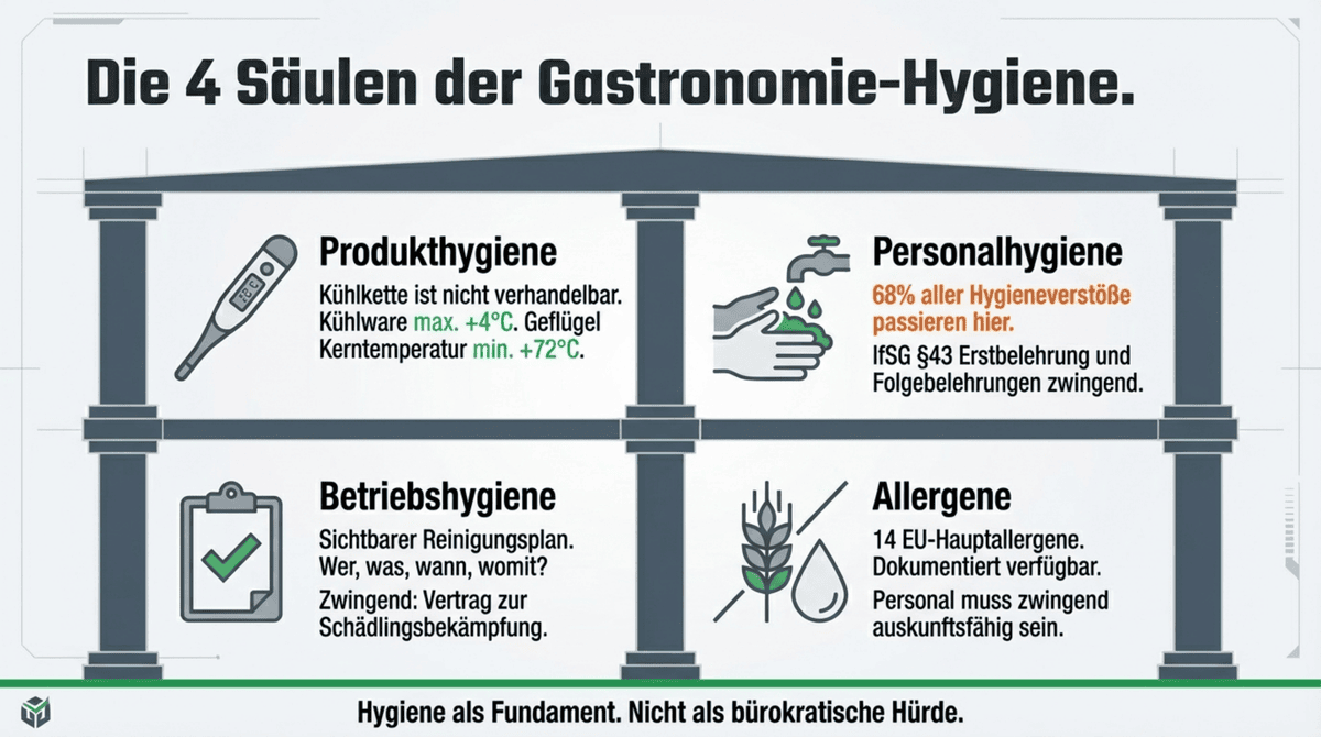 Die 4 Säulen der Gastronomie-Hygiene: Produkthygiene mit Kühlkette, Personalhygiene mit 68 Prozent aller Verstöße, Betriebshygiene mit Reinigungsplan und Allergenkennzeichnung