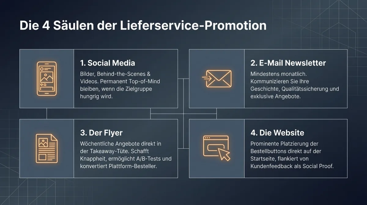Die 4 Säulen der Lieferservice-Promotion – Social Media, Newsletter, Flyer, Website