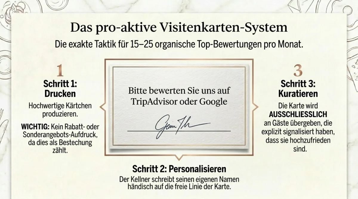 Pro-aktives Visitenkarten-System für Restaurant-Bewertungen: Drucken ohne Rabattaufdruck, Kellner personalisiert mit eigenem Namen, Ausgabe nur an hochzufriedene Gäste auf TripAdvisor und Google