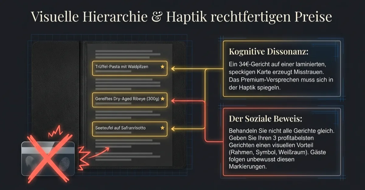 Visuelle Hierarchie und Haptik rechtfertigen Preise: Kognitive Dissonanz bei laminierter Billigoptik vs. Premium-Gestaltung mit sozialem Beweis