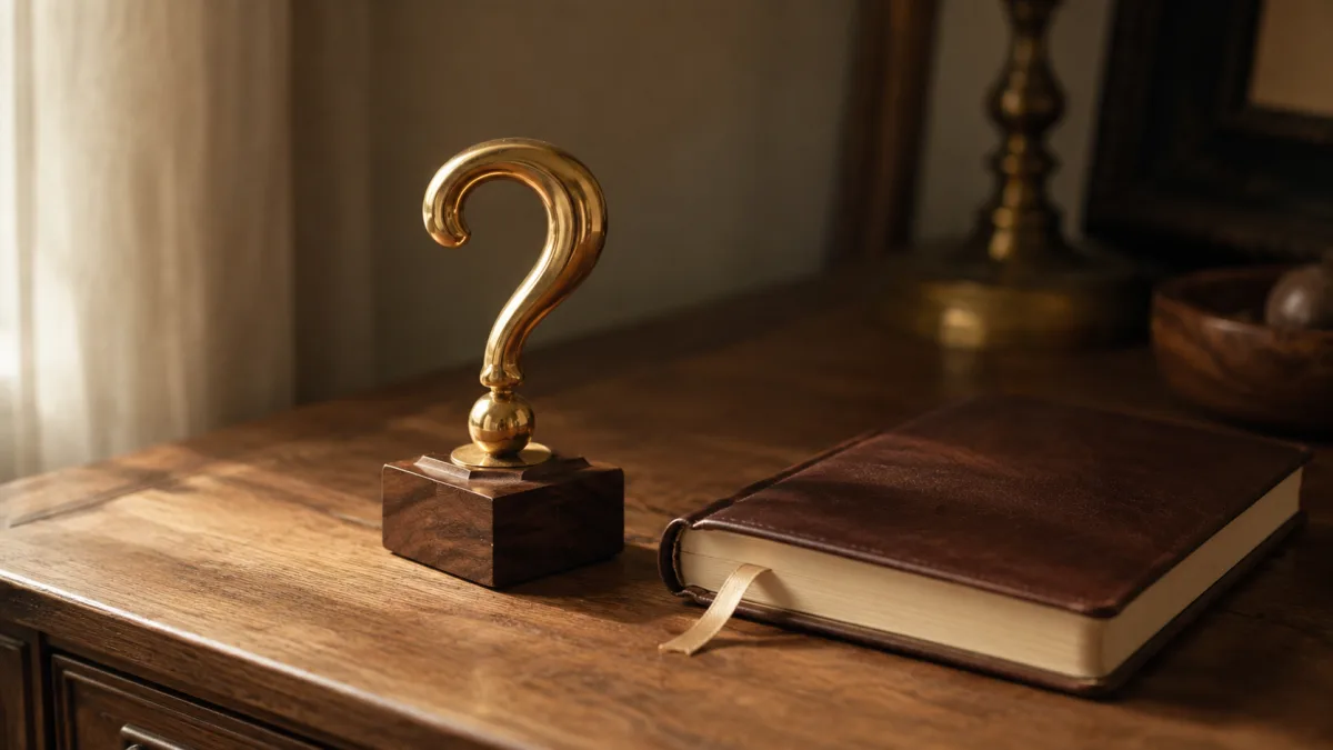 Messing-Fragezeichen und geschlossenes Lederbuch als Symbol für häufige Fragen zur Restaurant-Skalierung