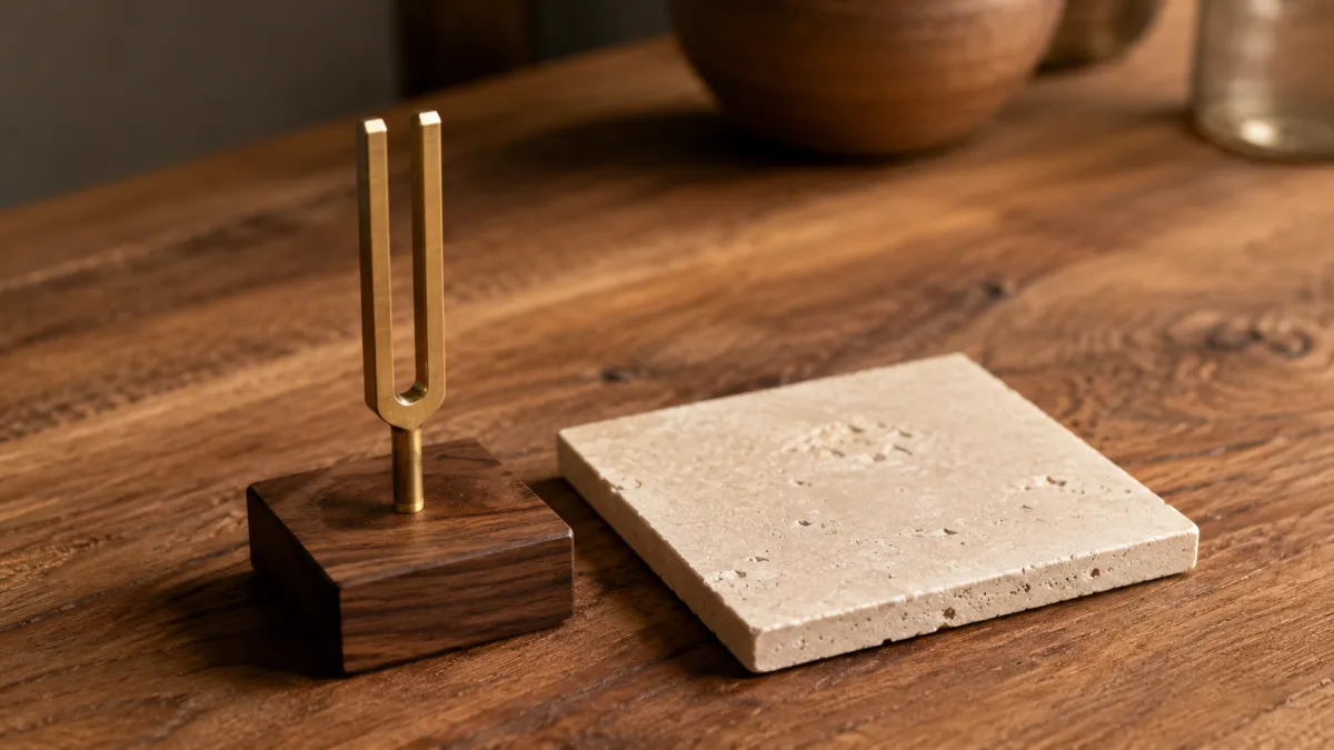 Messing-Stimmgabel und Referenzplatte als Symbol für die Validierung des zweiten Restaurant-Standorts