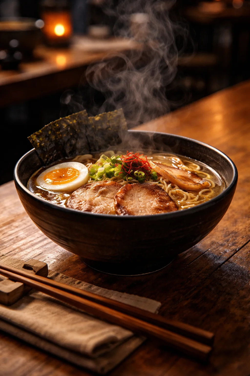 Dampfende Ramen-Schale mit Stäbchen auf Holz-Gemeinschaftstisch, warmes Rim-Light, flache Schärfentiefe