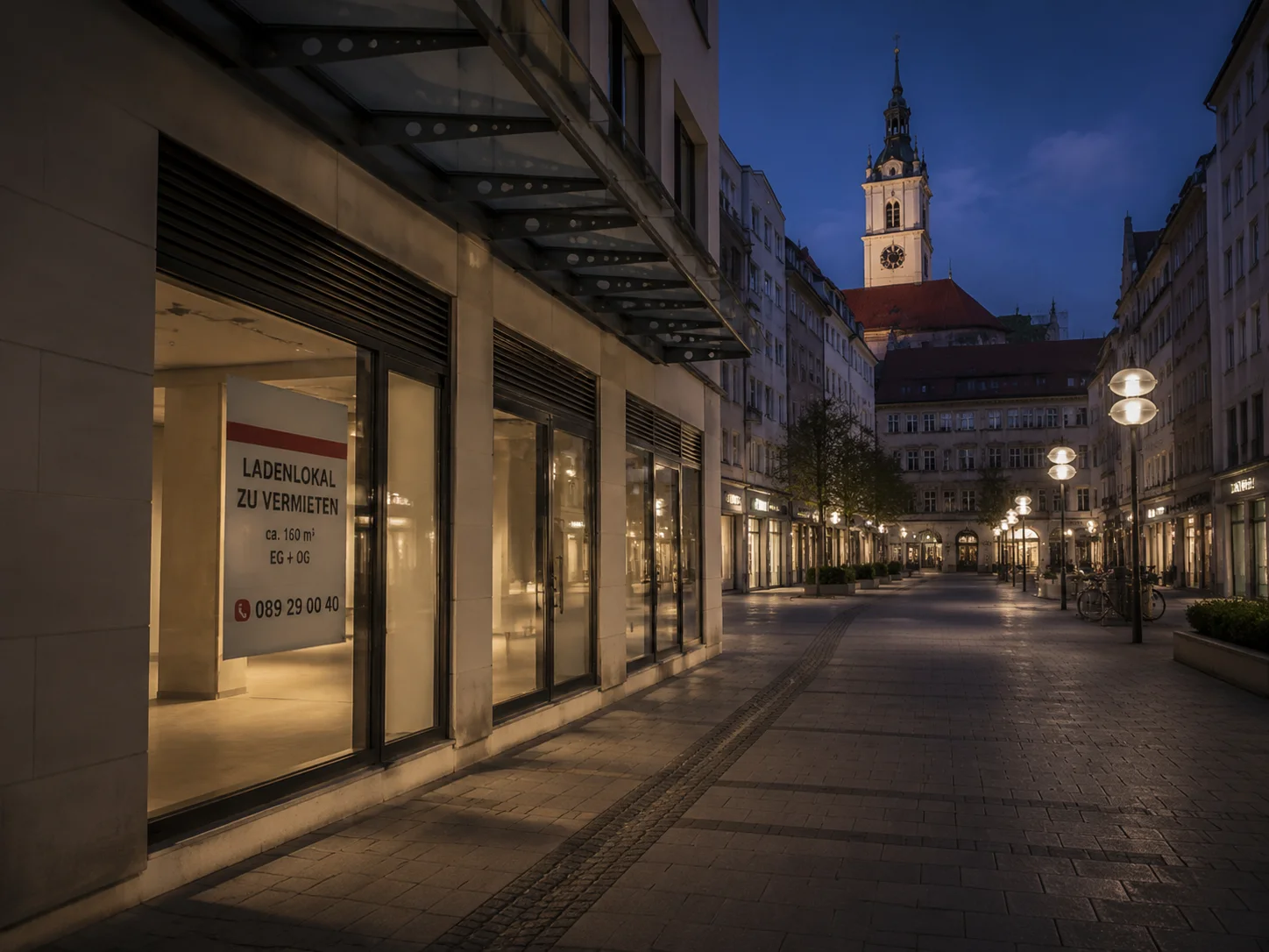 Leere moderne Fußgängerzone in München bei Abenddämmerung mit vakanter Retail- und Restaurant-Frontage