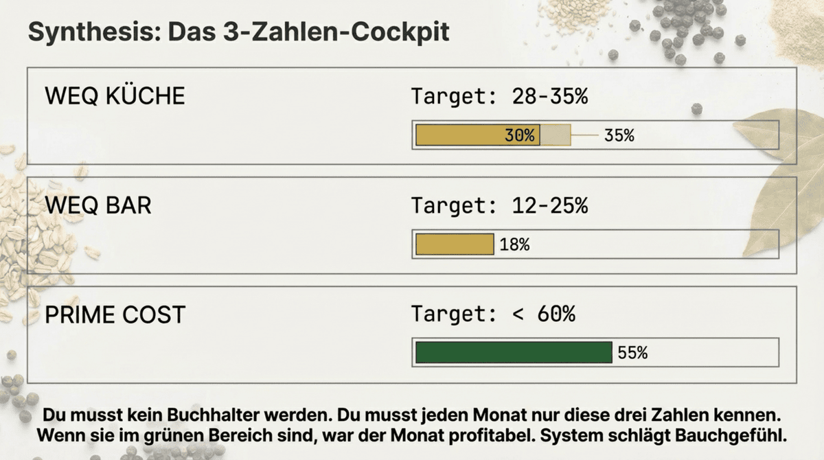 Das 3-Zahlen-Cockpit: WEQ Küche 28–35 Prozent, WEQ Bar 12–25 Prozent und Prime Cost unter 60 Prozent als monatliche Steuerungszahlen