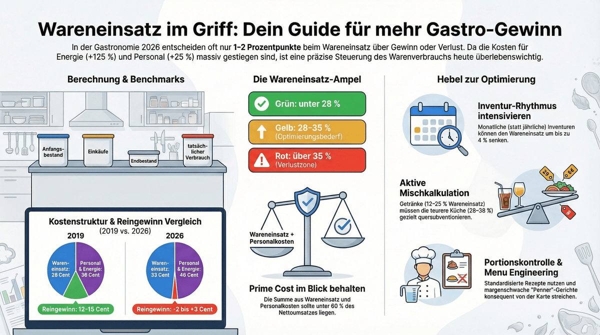 Wareneinsatz im Griff: Guide für mehr Gastro-Gewinn mit Berechnung, Ampel-Benchmarks und Hebeln zur Optimierung