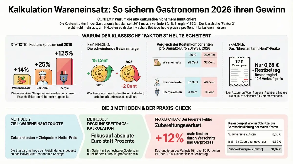 Wareneinsatz Kalkulation Restaurant 2026: 3 Methoden im Vergleich mit Praxis-Check