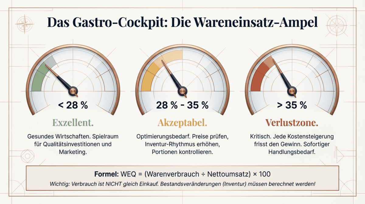 Wareneinsatzquote WEQ-Ampel für Gastronomie: Unter 28 Prozent exzellent in grün, 28 bis 35 Prozent akzeptabel in gelb, über 35 Prozent Verlustzone in rot, mit Formel WEQ gleich Warenverbrauch geteilt durch Nettoumsatz mal 100