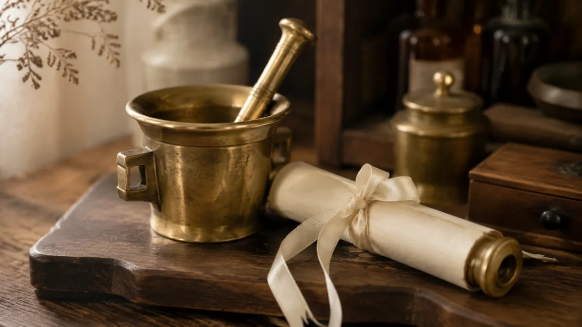 Apothekenmörser und Rezeptrolle als Symbol für Recall-Pattern aus reifen Branchen für Restaurants
