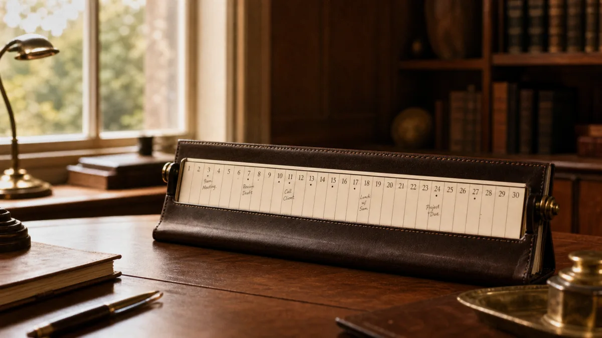 Mahagoni-Tageskalender mit markiertem 30-Tage-Plan