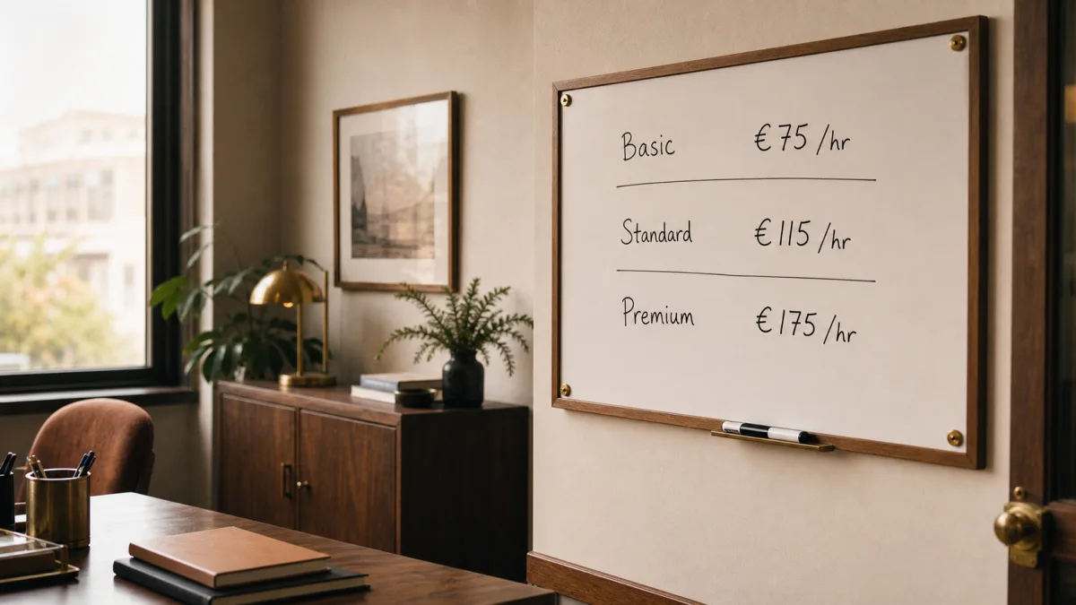 Whiteboard mit transparenter Stundensatz-Tabelle in Euro
