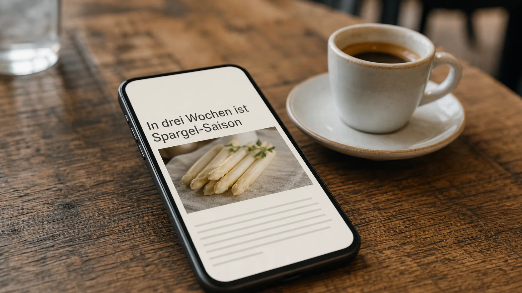 Smartphone-Bildschirm mit einer Erinnerungs-Newsletter-Vorschau Subject In drei Wochen ist Spargel-Saison neben einer Espressotasse auf einem Holztisch, anonymisiertes Geraet ohne Logos