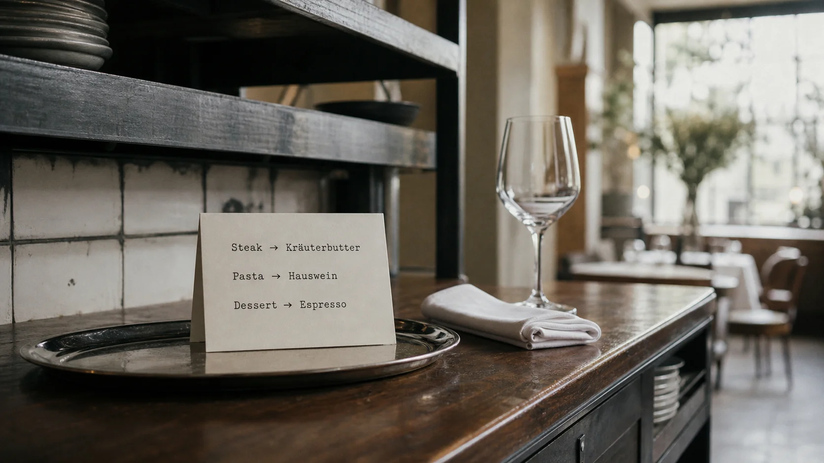 Service-Station in einer Restaurantkueche, eine gedruckte Karte auf einem Serviertablett zeigt drei Pairings Steak Kraeuterbutter Pasta Hauswein Dessert Espresso, daneben eine gefaltete Leinenserviette und ein leeres Weinglas