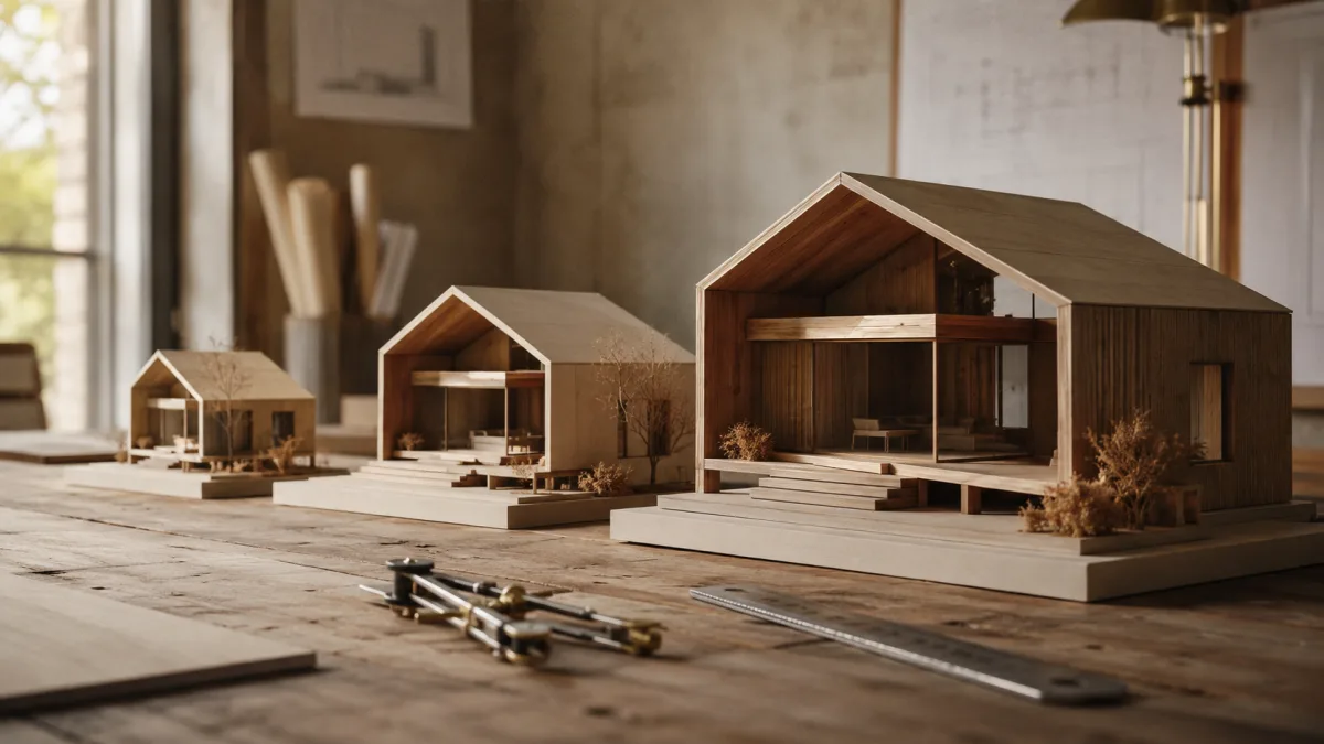 Drei Architektur-Modelle in aufsteigender Groesse neben Zirkel und Lineal.