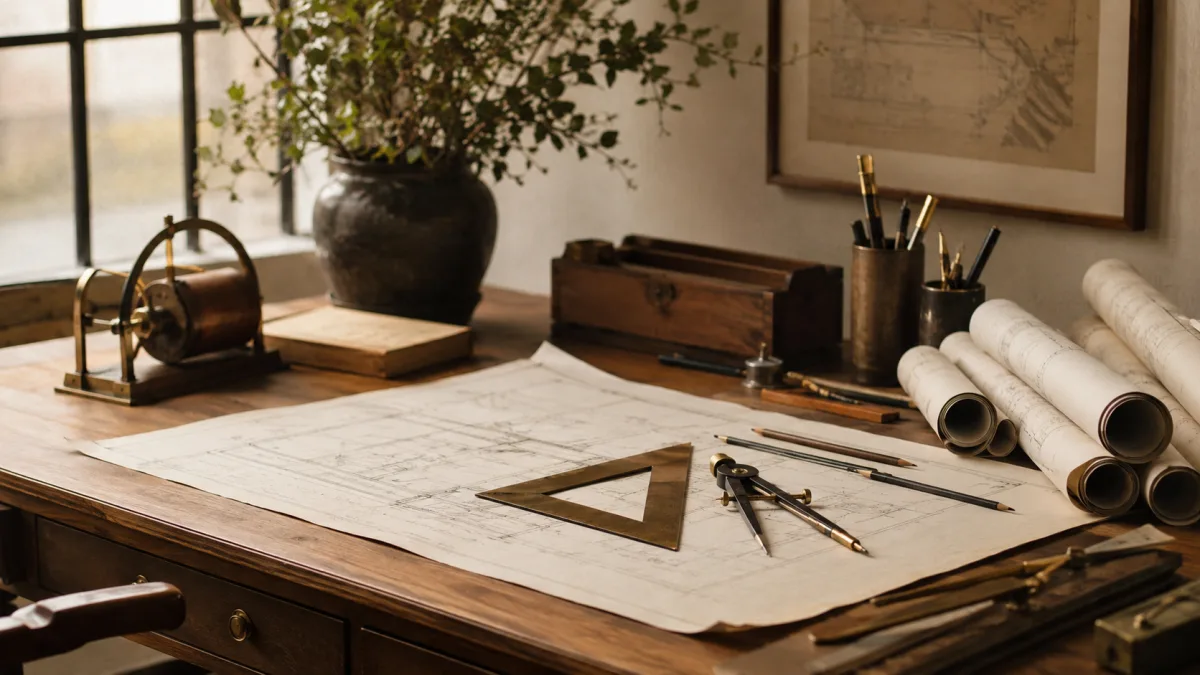 Aufgeraeumter Zeichentisch mit Lineal, Zirkel und gerollten Bauplaenen im Studio.